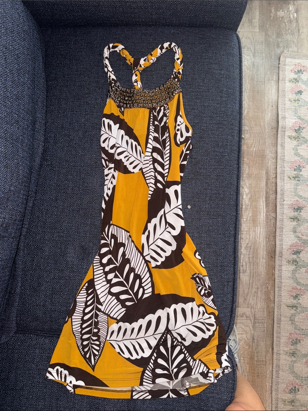 A. Byer Mustard Yellow, White & Dark Brown Leaf-Print Maxi Dress